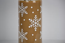 Load image into Gallery viewer, Close up of design on cup showing white snowflakes and small dots of snow.