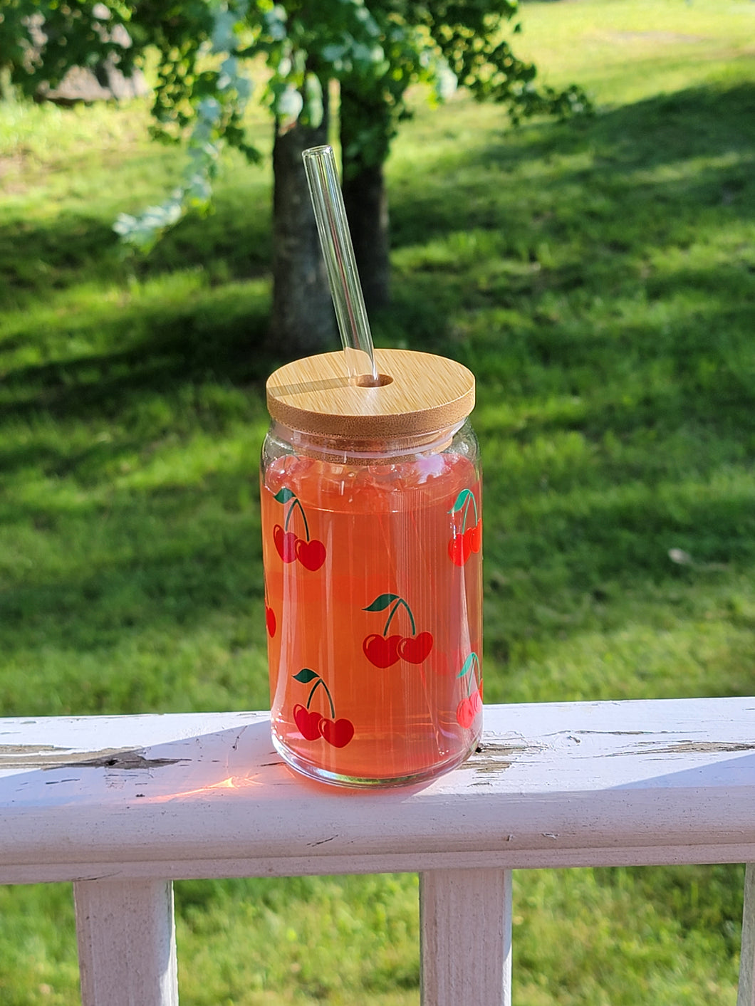 Cherries Iced Coffee Cup, Cute Fruit Glass Cup, 16oz or 20oz, Bamboo Lid & Reusable Straw