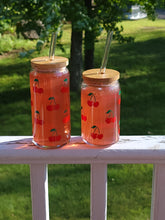 Load image into Gallery viewer, Cherries Iced Coffee Cup, Cute Fruit Glass Cup, 16oz or 20oz, Bamboo Lid & Reusable Straw