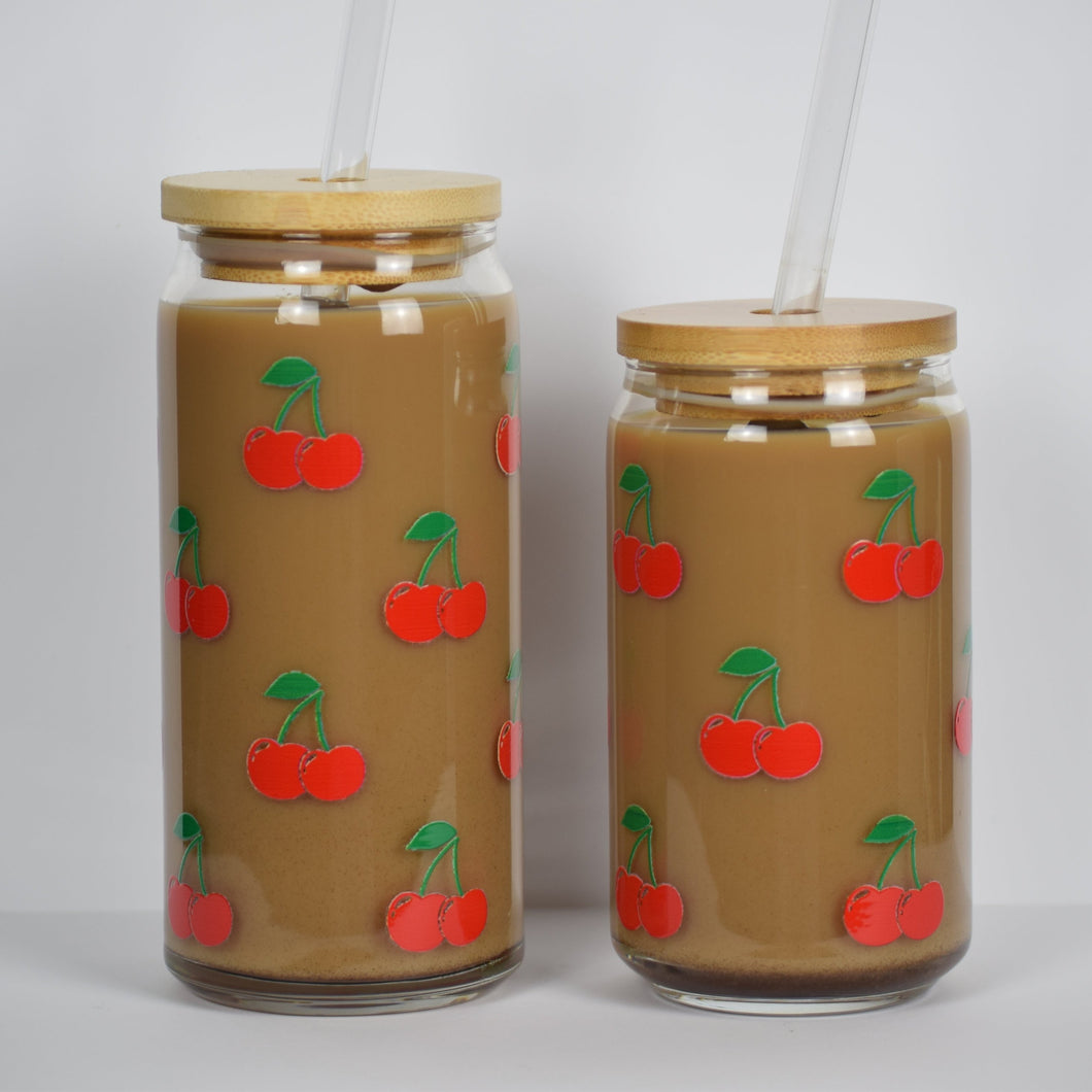 Cherries Dishwasher Safe Iced Coffee Cup, 16oz or 20oz, Bamboo Lid & Reusable Straw