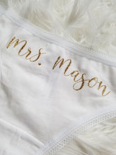 Load image into Gallery viewer, Bridal panty with text &quot;mrs mason&quot; in gold glitter on white thong
