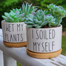 Load image into Gallery viewer, Small round succulent planters with &quot;I wet my plants&quot; and &quot;I Soiled Myself&quot; in black text.
