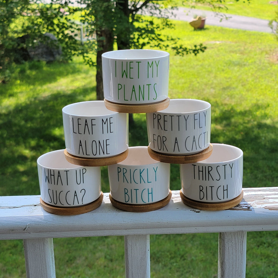 Stack of small white ceramic succulent pots with funny sayings on them in different colored vinyl. Sayings include "I Wet My Plants", "Leaf Me Alone", "Pretty Fly For A Cacti", "What Up Succa?", "Prickly Bitch", and "Thirsty Bitch".