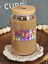 Load image into Gallery viewer, 16oz glass can with Coffee &amp; Kindness Decal in a tie dye color. Shown with bamboo lid and glass straw.
