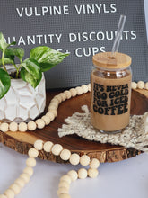 Load image into Gallery viewer, It&#39;s Never Too Cold For Iced Coffee retro, wavy design on a 16oz glass beer can. Shown with bamboo lid and glass straw.
