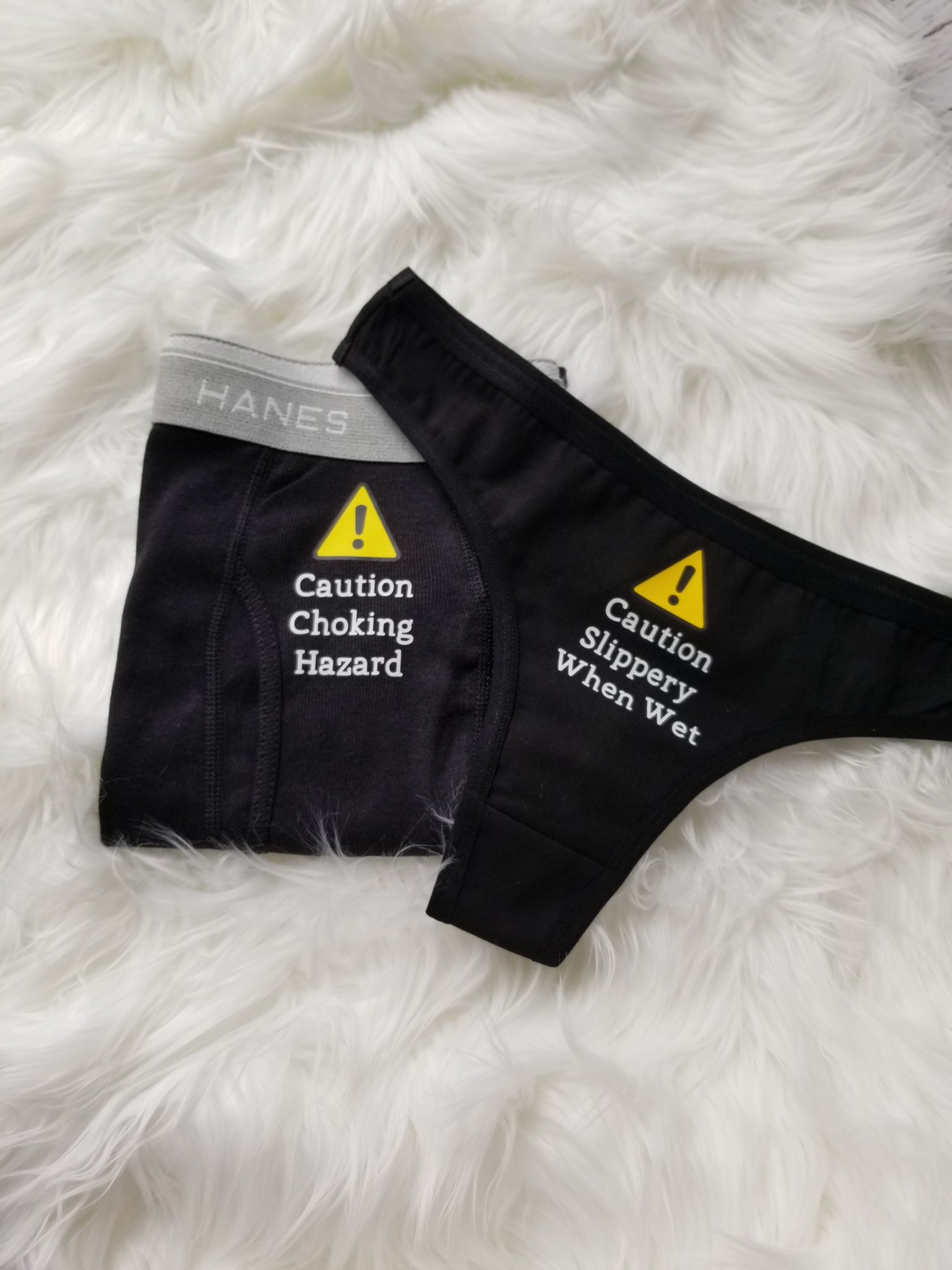  Matching Couples Underwear, Caution Slippery When Wet, Caution  Choking Hazard, His and Hers, Couples Gift (L, Thong, Black) : Handmade  Products