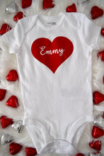 Load image into Gallery viewer, Valentine&#39;s Day Baby Bodysuit. White bodysuit with solid red heart with child&#39;s name in the middle
