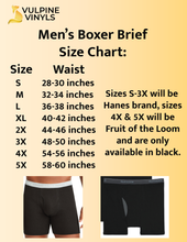 Load image into Gallery viewer, Men&#39;s size chart showing sizes S through 5X. S-3X are Hanes brand and available in black or grey. Sizes 4X &amp; 5X are Fruit of the Loom and are only available in black.
