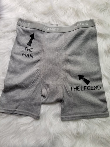 Grey boxer briefs with text 